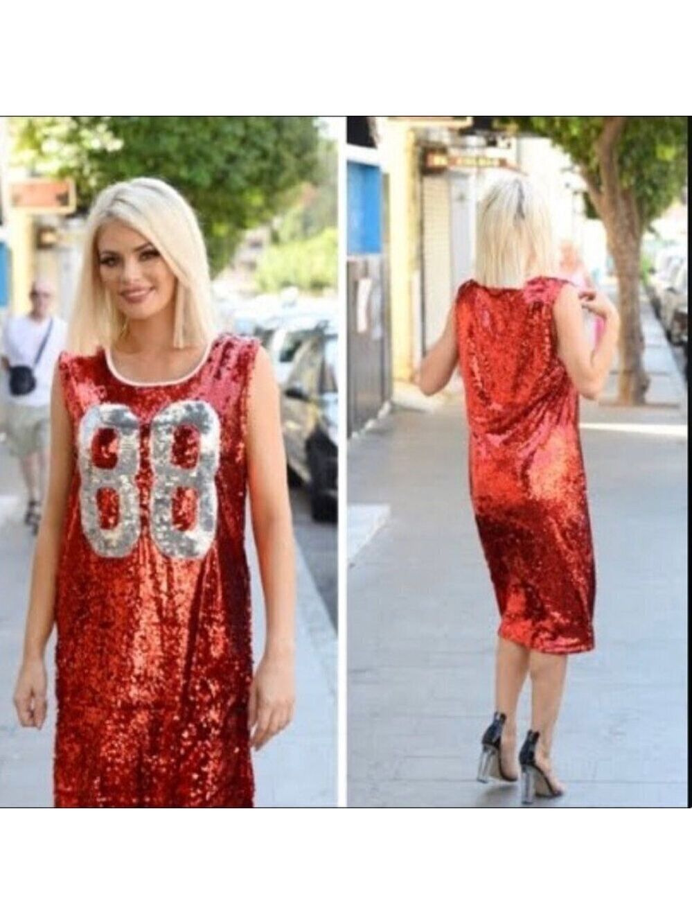 Liquor N Poker Sequin Dress 12 Red/Silver Sleeveless Football Jersey Midi 88 - Picture 3 of 12